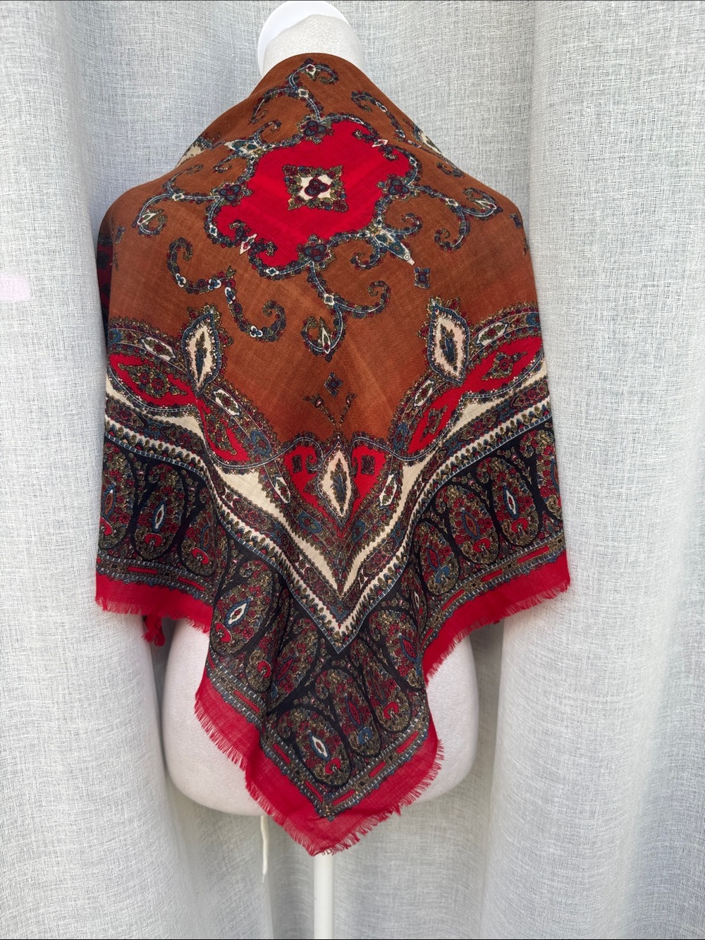 Club 7 Echo vintage wool folkloric square scarf brown, red black paisley fringe